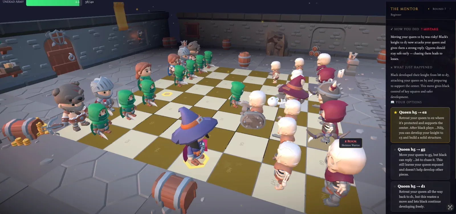 Adventurers and skeleton warriors on a 3D chessboard, with the AI mentor's advice beside the board