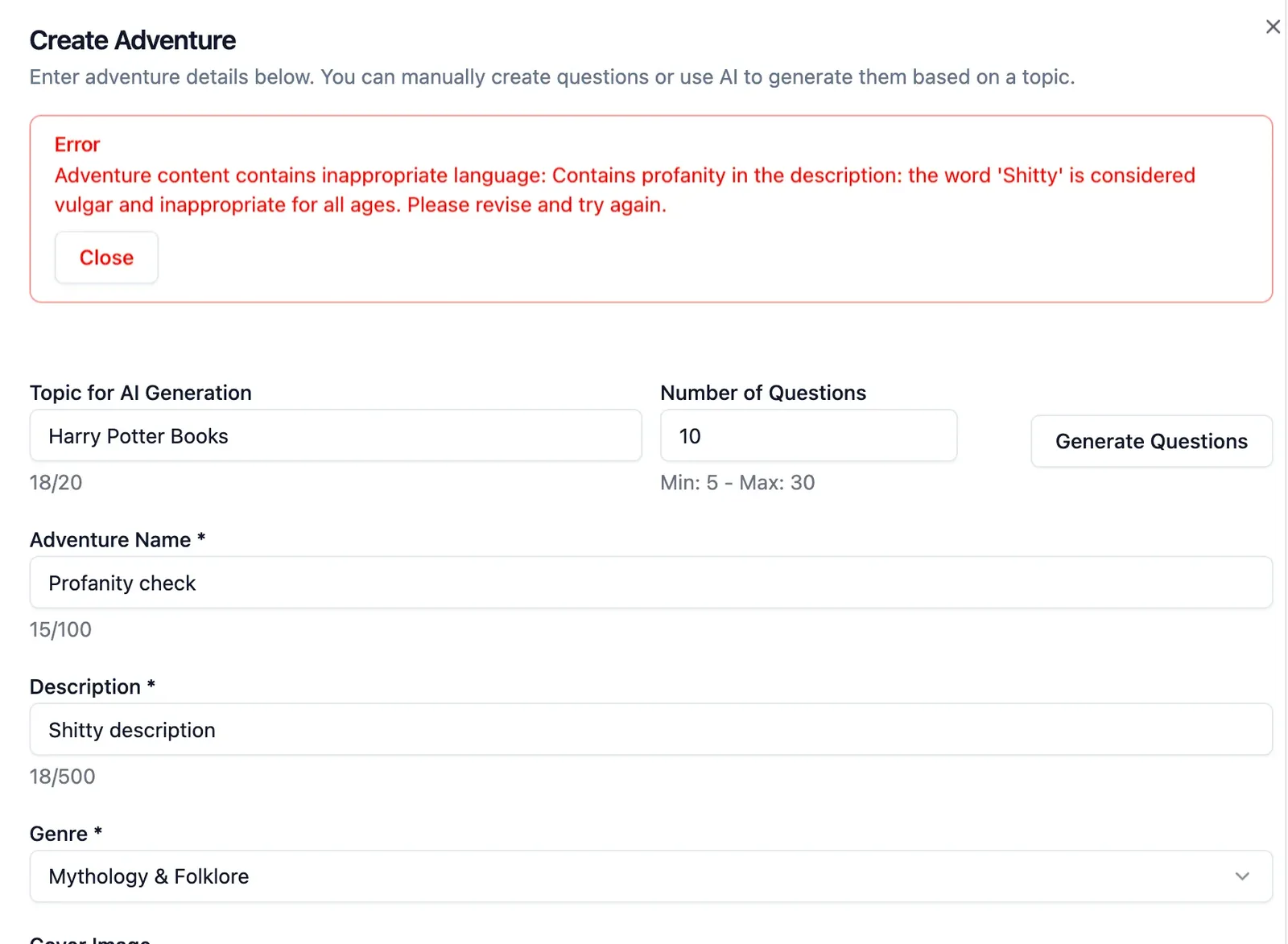 Create Adventure Form with Error Handling