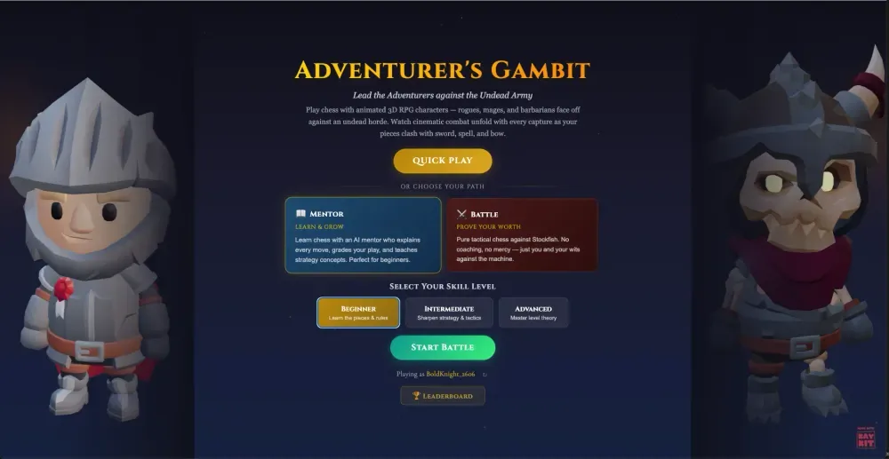 Landing page view of mentor mode with 3 difficulty levels shown