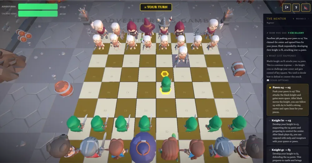 Mentor mode of game showing analysis of opponent move and best options